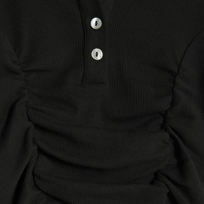 Black Long Sleeve Ruched Ribbed Polo Top