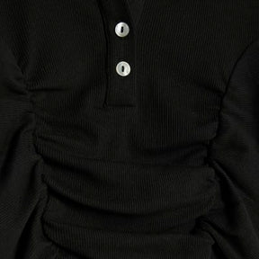 Black Long Sleeve Ruched Ribbed Polo Top
