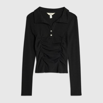 Black Long Sleeve Ruched Ribbed Polo Top