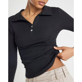 Black Long Sleeve Ruched Ribbed Polo Top