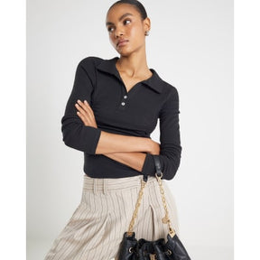 Black Long Sleeve Ruched Ribbed Polo Top