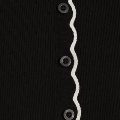 Black Long Sleeve Scallop Trim Button Top