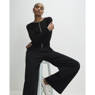 Black Long Sleeve Scallop Trim Button Top