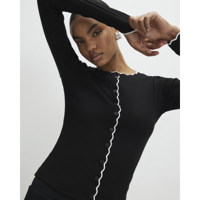 Black Long Sleeve Scallop Trim Button Top