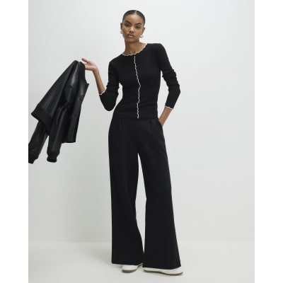 Black Long Sleeve Scallop Trim Button Top