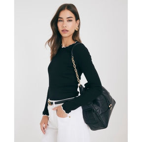 Black Long Sleeve Scallop Trim Top