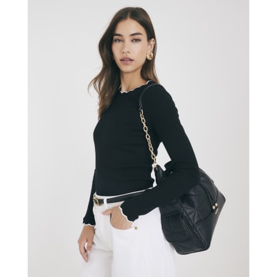 Black Long Sleeve Scallop Trim Top