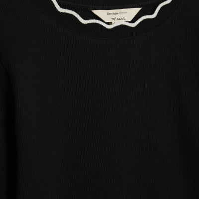 Black Long Sleeve Scallop Trim Top