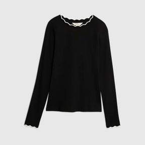 Black Long Sleeve Scallop Trim Top