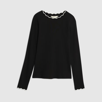 Black Long Sleeve Scallop Trim Top
