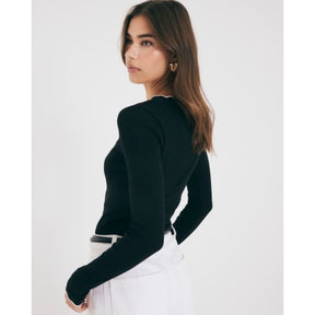 Black Long Sleeve Scallop Trim Top