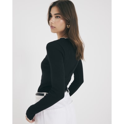 Black Long Sleeve Scallop Trim Top