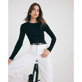 Black Long Sleeve Scallop Trim Top