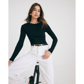 Black Long Sleeve Scallop Trim Top