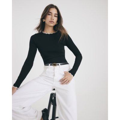 Black Long Sleeve Scallop Trim Top