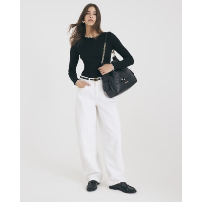 Black Long Sleeve Scallop Trim Top