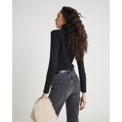 Black Long Sleeve Scarf Neck Ribbed Top