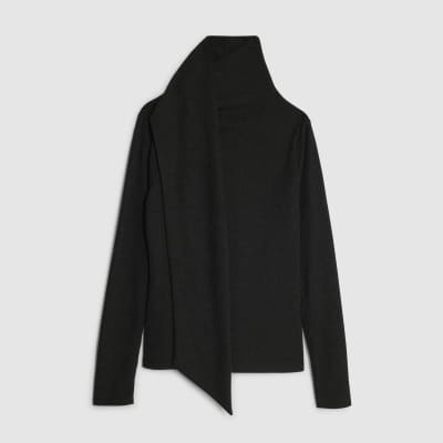 Black Long Sleeve Scarf Neck Ribbed Top