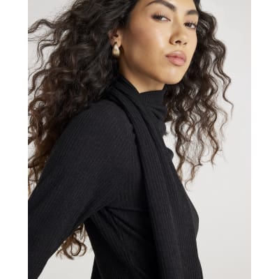 Black Long Sleeve Scarf Neck Ribbed Top