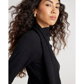 Black Long Sleeve Scarf Neck Ribbed Top