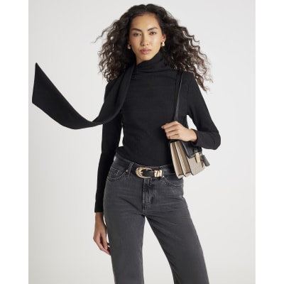 Black Long Sleeve Scarf Neck Ribbed Top