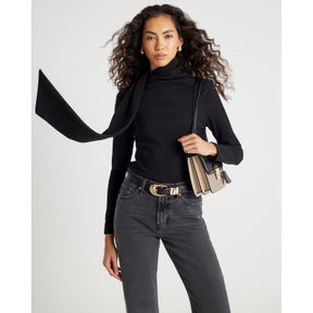 Black Long Sleeve Scarf Neck Ribbed Top