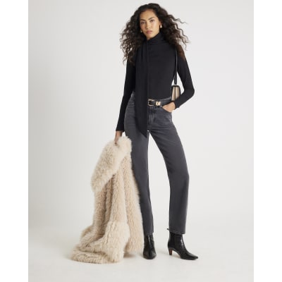 Black Long Sleeve Scarf Neck Ribbed Top