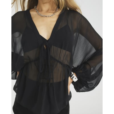 Black Long Sleeve Smocked Blouse