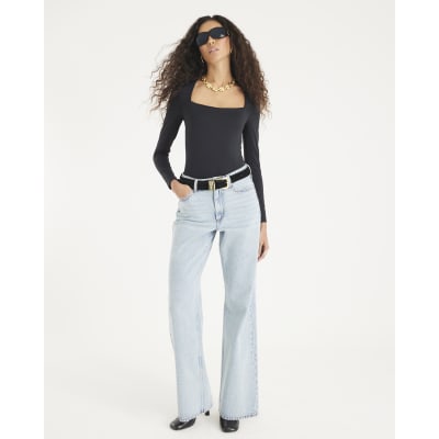 Black Long Sleeve Square Neck Bodysuit