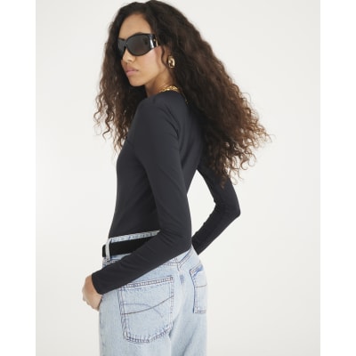 Black Long Sleeve Square Neck Bodysuit