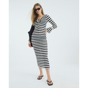 Black Long Sleeve Stripe Tie Front Maxi Dress