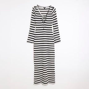 Black Long Sleeve Stripe Tie Front Maxi Dress