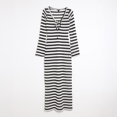 Black Long Sleeve Stripe Tie Front Maxi Dress