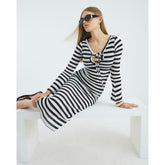 Black Long Sleeve Stripe Tie Front Maxi Dress
