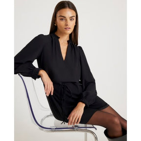 Black Long Sleeve Tie Waist Mini Dress