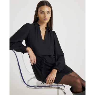 Black Long Sleeve Tie Waist Mini Dress