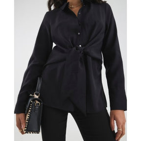 Black Long Sleeve Tie Waist Shirt