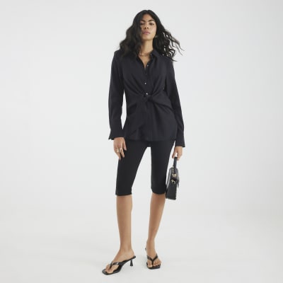 Black Long Sleeve Tie Waist Shirt