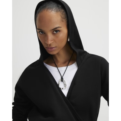 Black Long Sleeve Wrap Front Hoodie