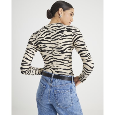 Black Long Sleeve Zebra Print Top