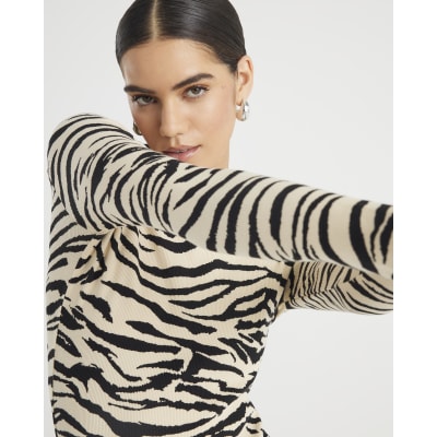 Black Long Sleeve Zebra Print Top