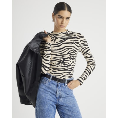 Black Long Sleeve Zebra Print Top