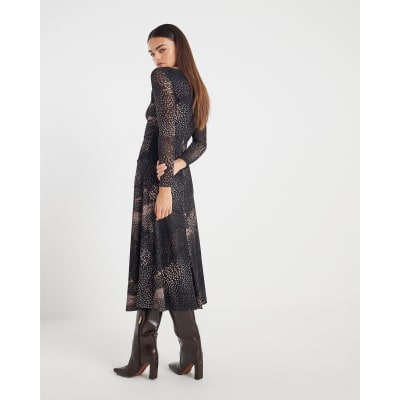 Black Mesh Long Sleeve Spot Print Midi Dress