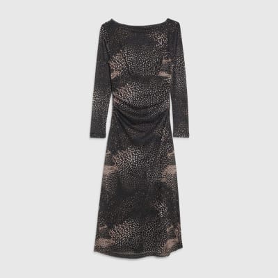 Black Mesh Long Sleeve Spot Print Midi Dress