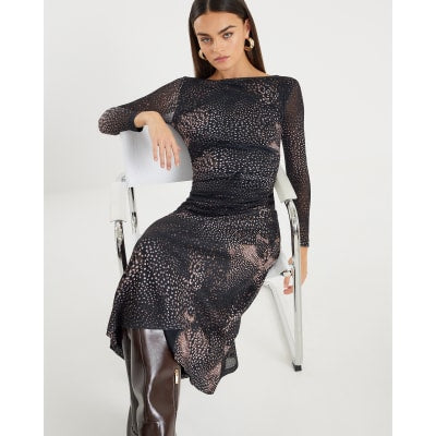 Black Mesh Long Sleeve Spot Print Midi Dress
