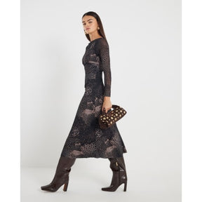 Black Mesh Long Sleeve Spot Print Midi Dress