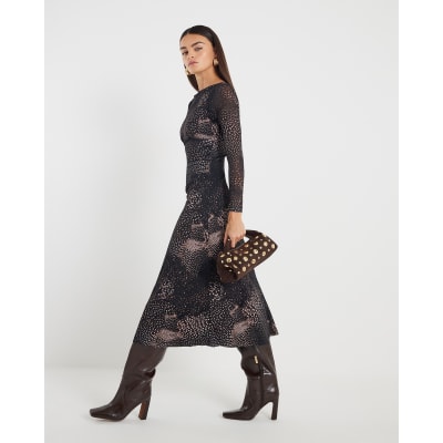 Black Mesh Long Sleeve Spot Print Midi Dress