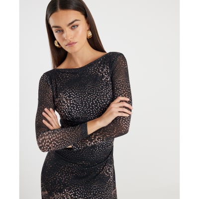Black Mesh Long Sleeve Spot Print Midi Dress