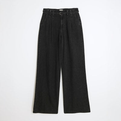 Black Mid Rise Wide Leg Tie Front Jeans