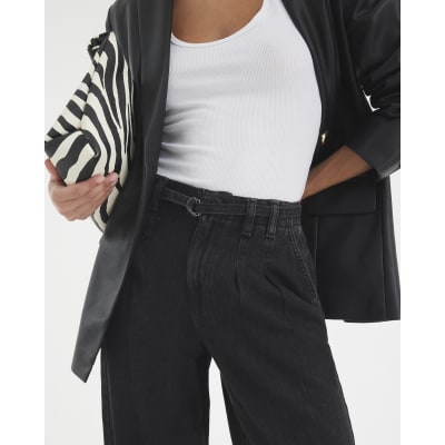 Black Mid Rise Wide Leg Tie Front Jeans